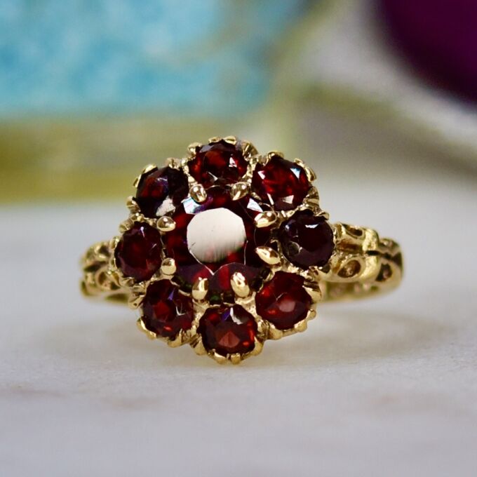 Ornate Garnet Cluster Ring in 9ct Gold