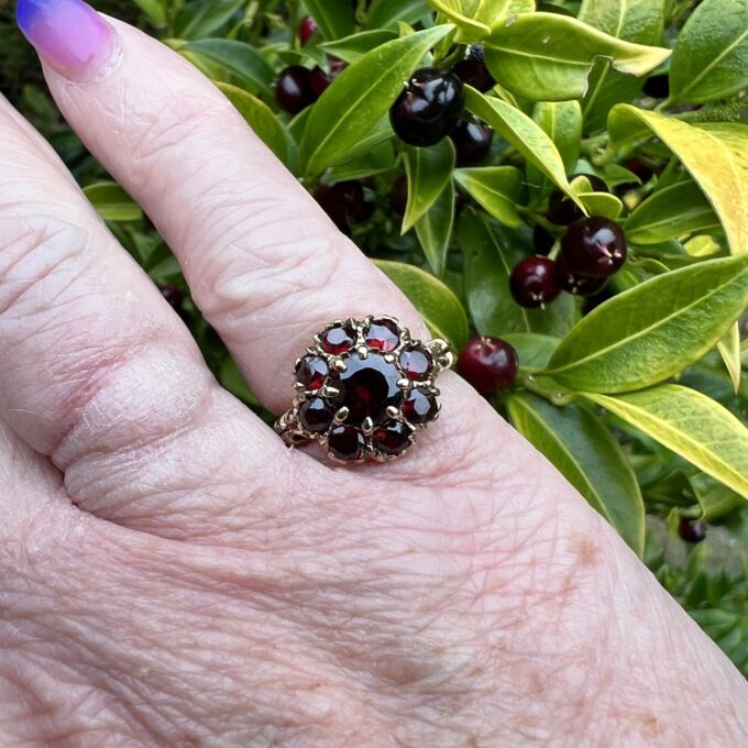 Ornate Garnet Cluster Ring in 9ct Gold