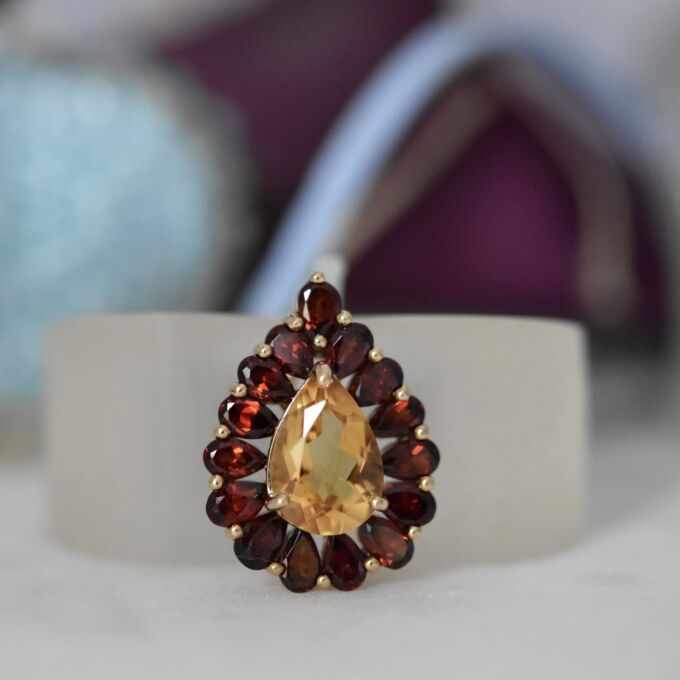 Citrine & Garnet Pear Pendant in 9ct Gold