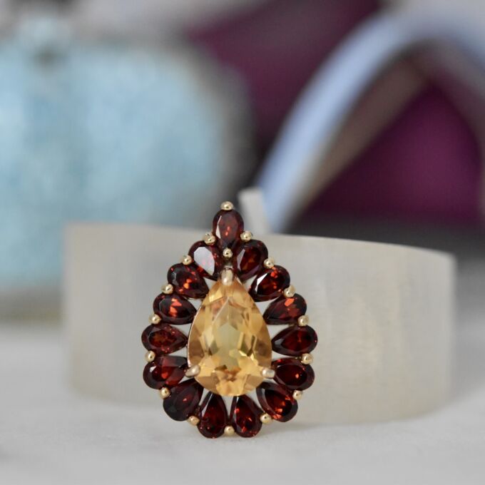 Citrine & Garnet Pear Pendant in 9ct Gold