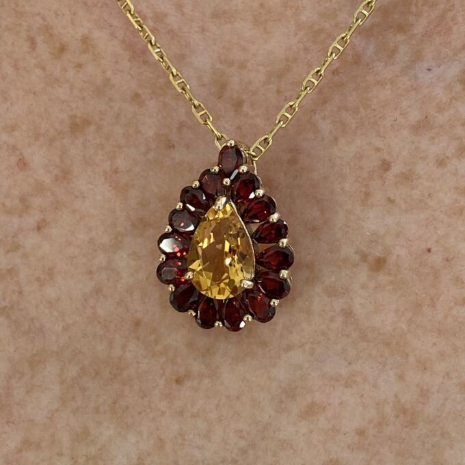 Citrine & Garnet Pear Pendant in 9ct Gold