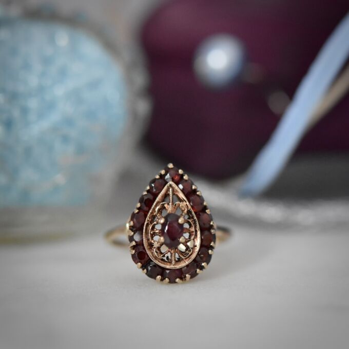 Ornate Garnet Cluster Ring in 9ct Gold
