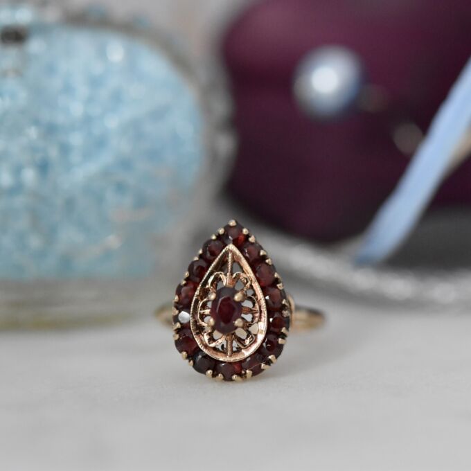 Ornate Garnet Cluster Ring in 9ct Gold