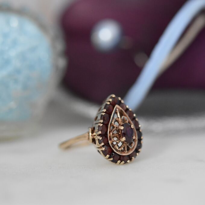 Ornate Garnet Cluster Ring in 9ct Gold