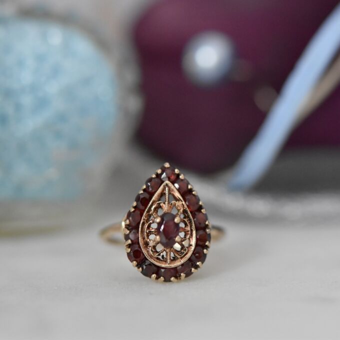Ornate Garnet Cluster Ring in 9ct Gold
