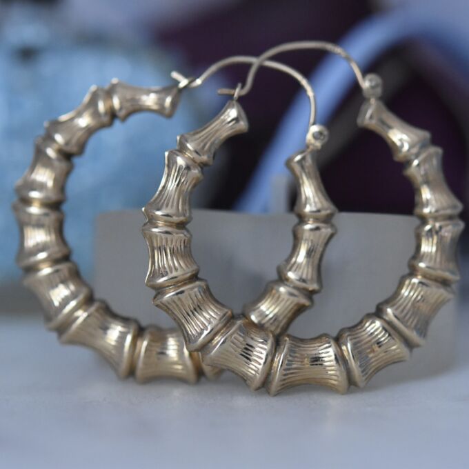 Textured Bamboo Hoop Earrings in 9ct Gold