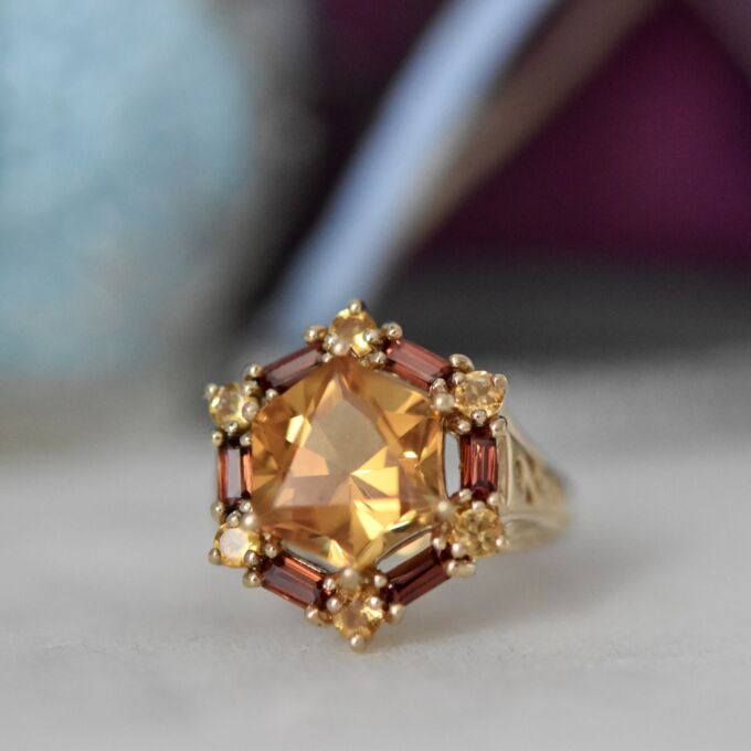 Citrine & Garnet Statement Ring in 9ct Gold