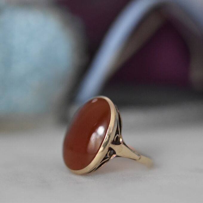 Oval Cabochon Carnelian Solitaire Ring in 9ct Gold