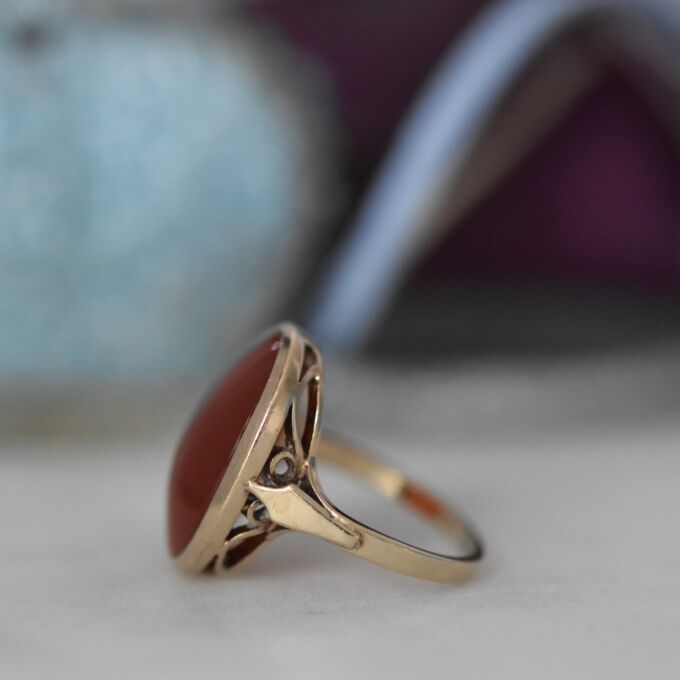 Oval Cabochon Carnelian Solitaire Ring in 9ct Gold