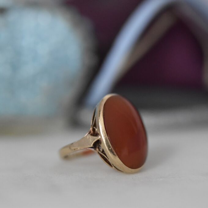 Oval Cabochon Carnelian Solitaire Ring in 9ct Gold