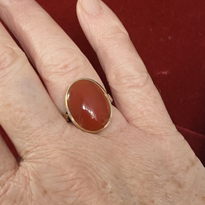 Oval Cabochon Carnelian Solitaire Ring in 9ct Gold