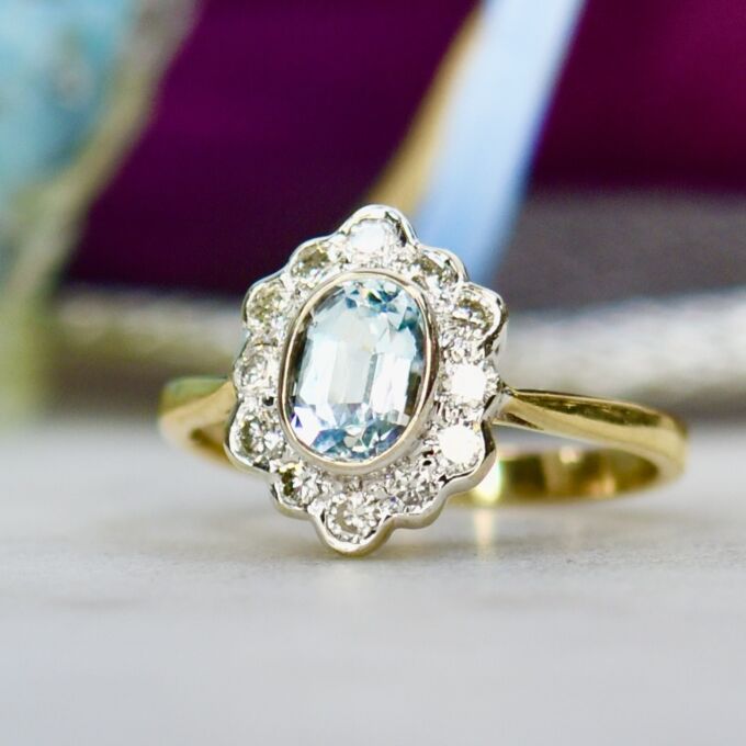 Aquamarine & Diamond Ring in 9ct Gold