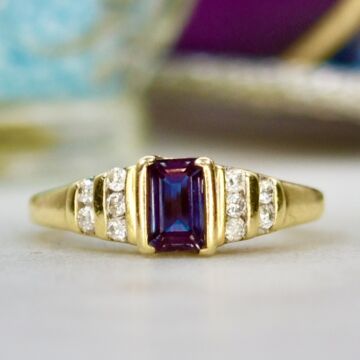 Synthetic Colour Change Sapphire & Diamond Ring in 14ct Gold