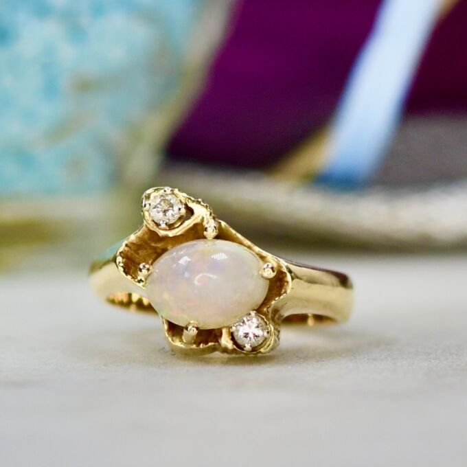 Ethiopian Opal & Diamond Ring in 14ct Gold