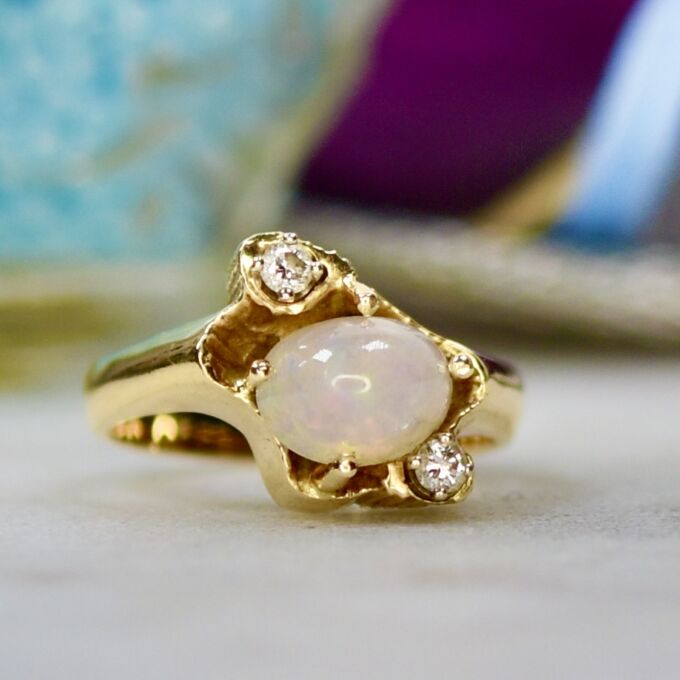 Ethiopian Opal & Diamond Ring in 14ct Gold
