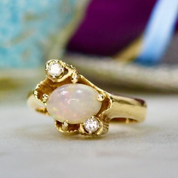 Ethiopian Opal & Diamond Ring in 14ct Gold