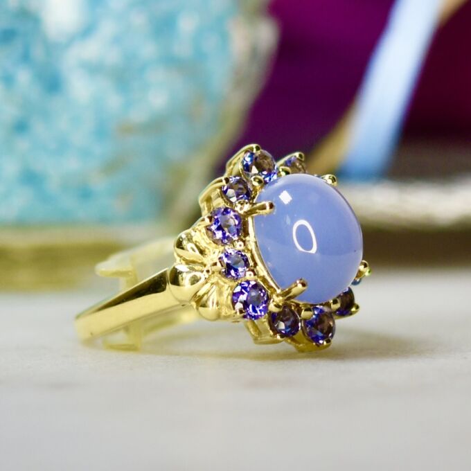 Chalcedony & Iolite Cluster Ring in 14ct Gold