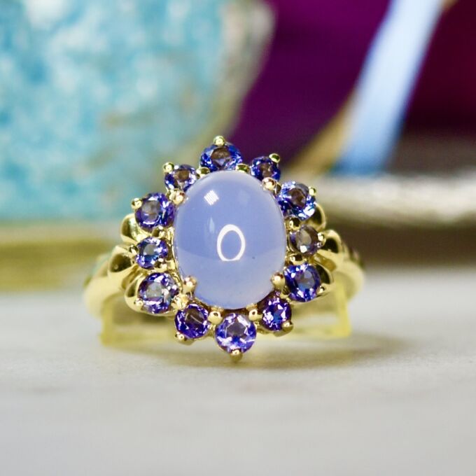 Chalcedony & Iolite Cluster Ring in 14ct Gold