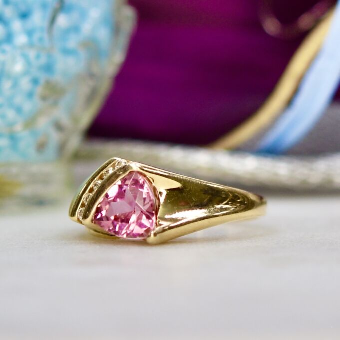 Trillion Pink Tourmaline & Diamond Ring in 14ct Gold