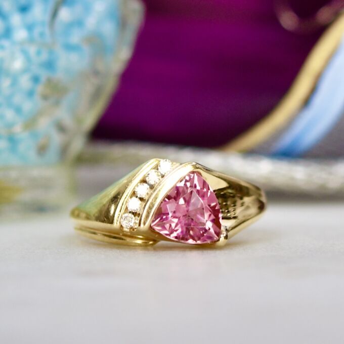 Trillion Pink Tourmaline & Diamond Ring in 14ct Gold