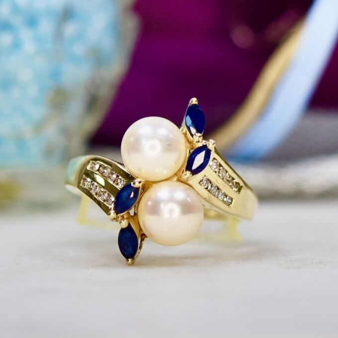 Pearl, Sapphire & Diamond Ring in 14ct Gold