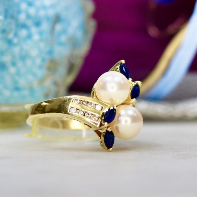 Pearl, Sapphire & Diamond Ring in 14ct Gold