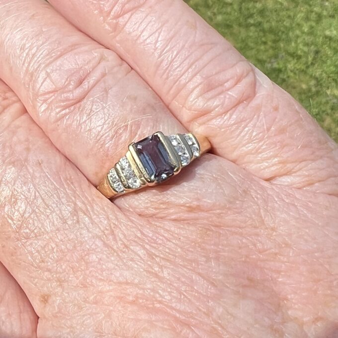 Synthetic Colour Change Sapphire & Diamond Ring in 14ct Gold