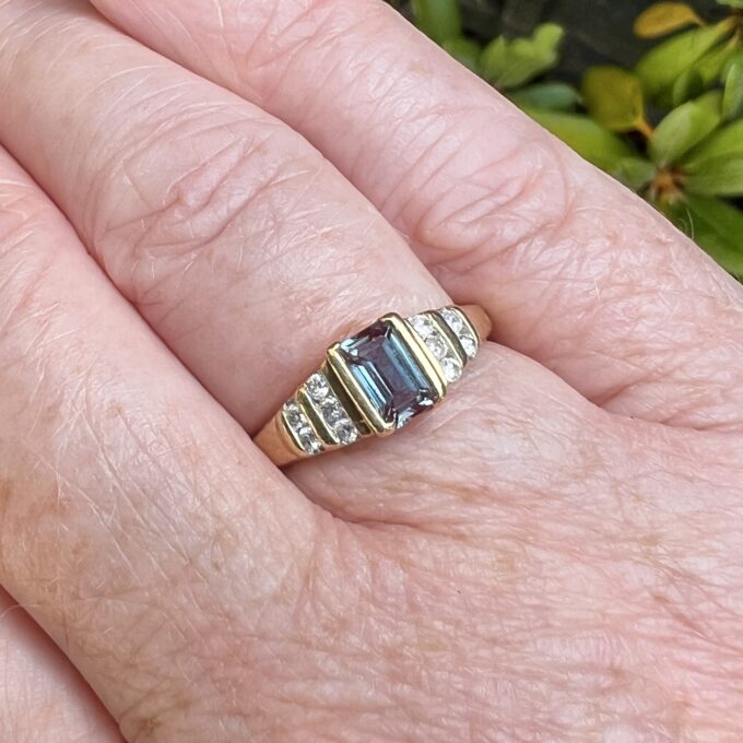 Synthetic Colour Change Sapphire & Diamond Ring in 14ct Gold