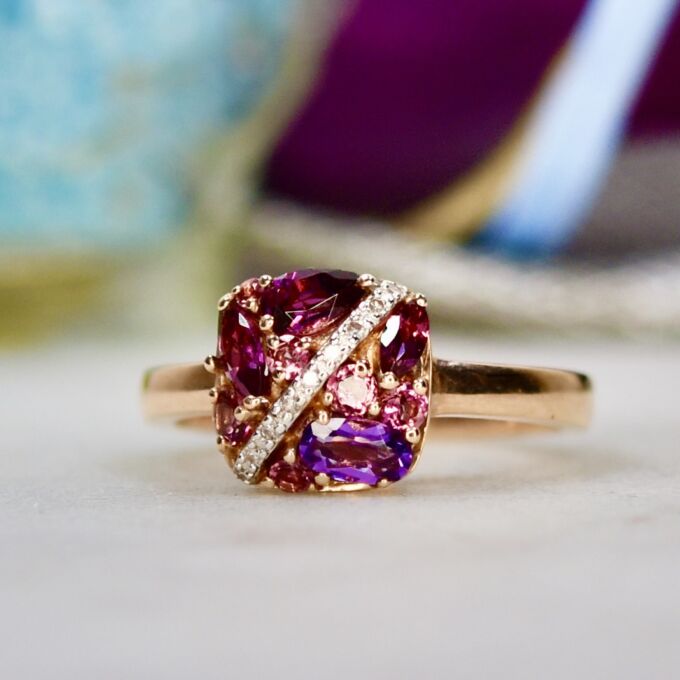 Rhodolite, Amethyst & Pink Tourmaline Ring in 10ct Gold