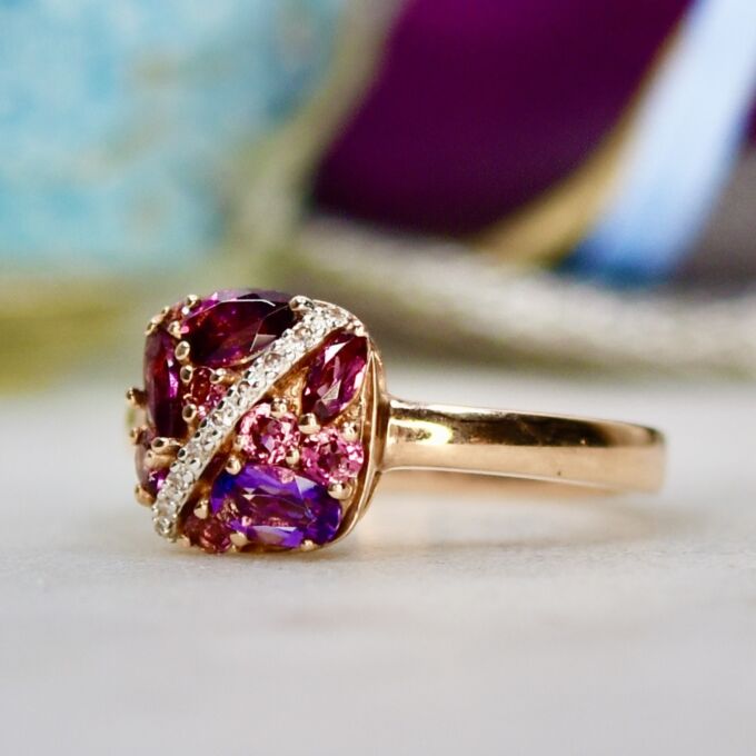 Rhodolite, Amethyst & Pink Tourmaline Ring in 10ct Gold