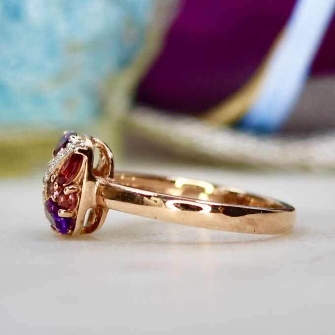 Rhodolite, Amethyst & Pink Tourmaline Ring in 10ct Gold