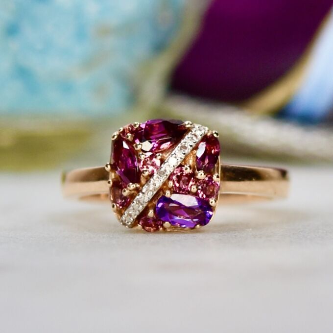 Rhodolite, Amethyst & Pink Tourmaline Ring in 10ct Gold