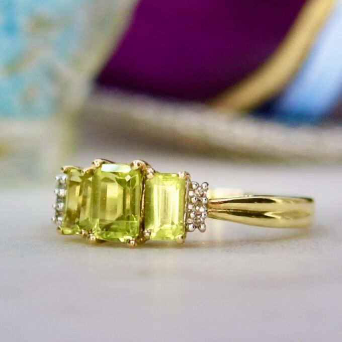 Three Stone Peridot Ring in 10ct Yellow Gold