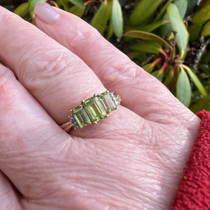 Three Stone Peridot Ring in 10ct Yellow Gold