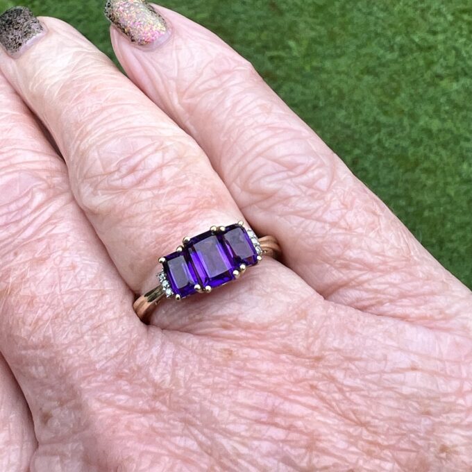 Three Stone Amethyst Ring in 10ct Gold