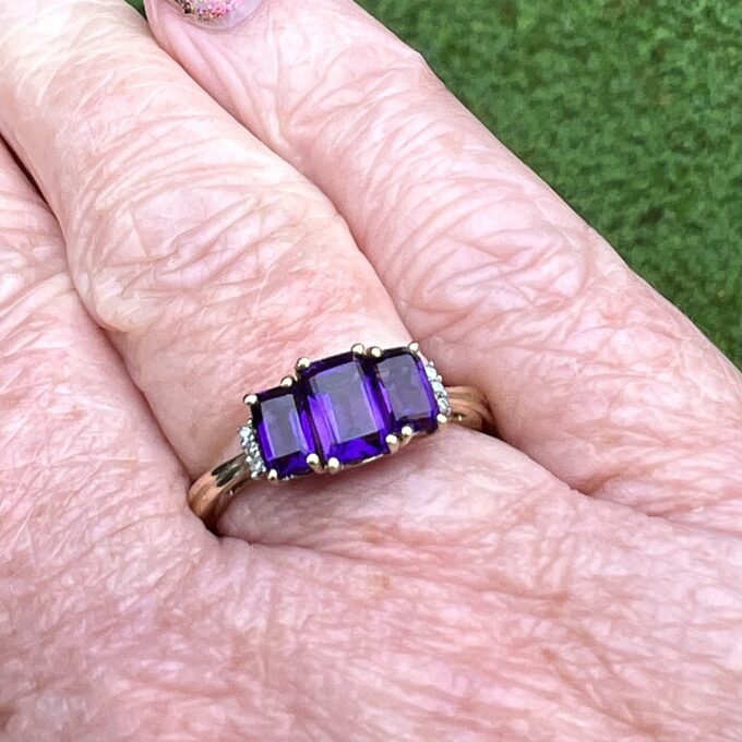 Three Stone Amethyst Ring in 10ct Gold