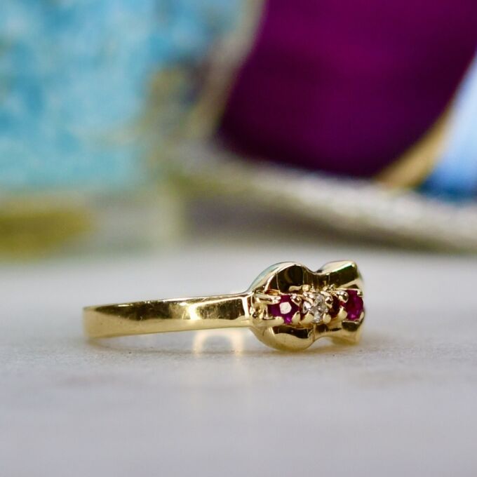 Ruby and Diamond Buckle Ring in 9ct Gold