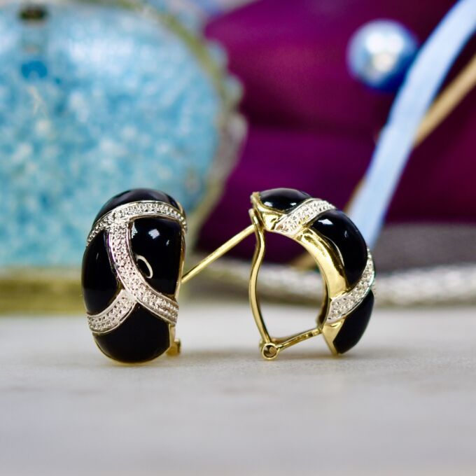 Onyx Omega Back Huggie Earrings in 9ct Gold