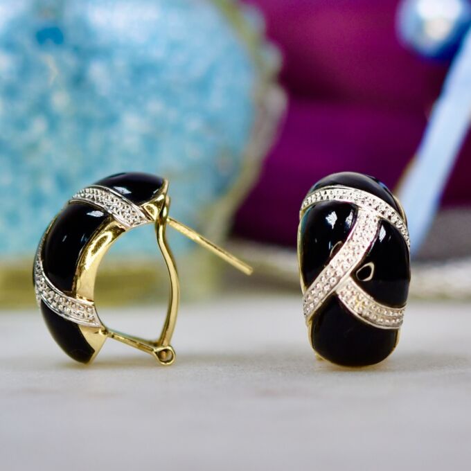 Onyx Omega Back Huggie Earrings in 9ct Gold