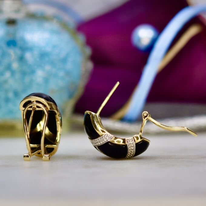 Onyx Omega Back Huggie Earrings in 9ct Gold
