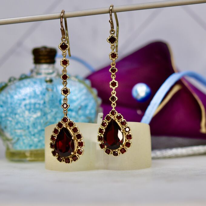 Ornate Garnet Pear Drop Earrings in 9ct Gold