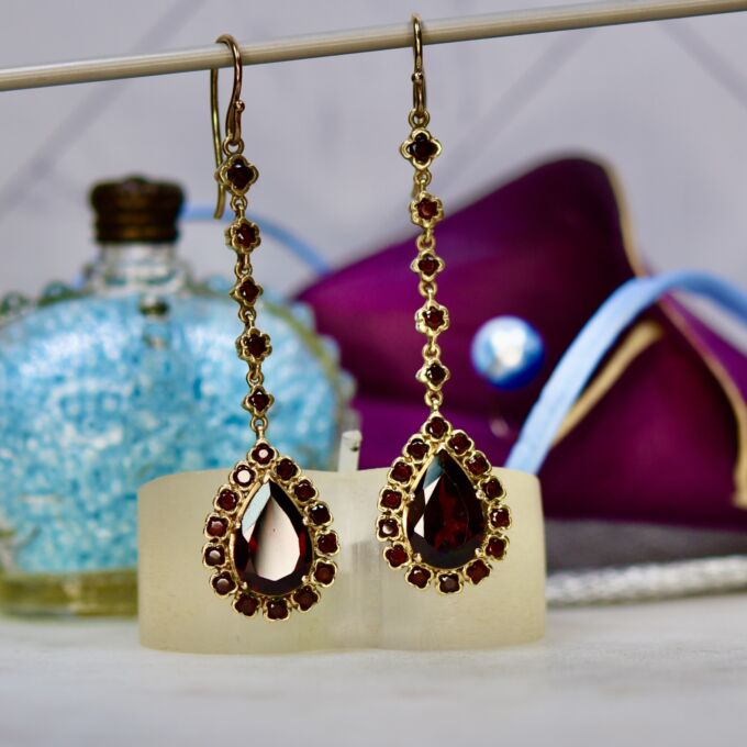 Ornate Garnet Pear Drop Earrings in 9ct Gold
