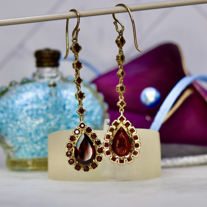 Ornate Garnet Pear Drop Earrings in 9ct Gold