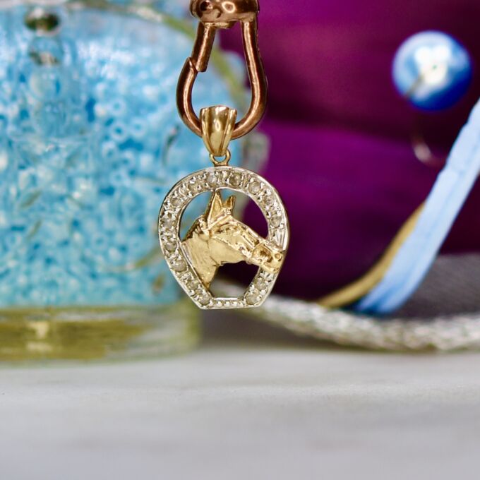 Horse Head in Diamond Horseshoe Pendant in 9ct Gold