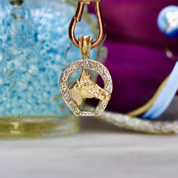 Horse Head in Diamond Horseshoe Pendant in 9ct Gold