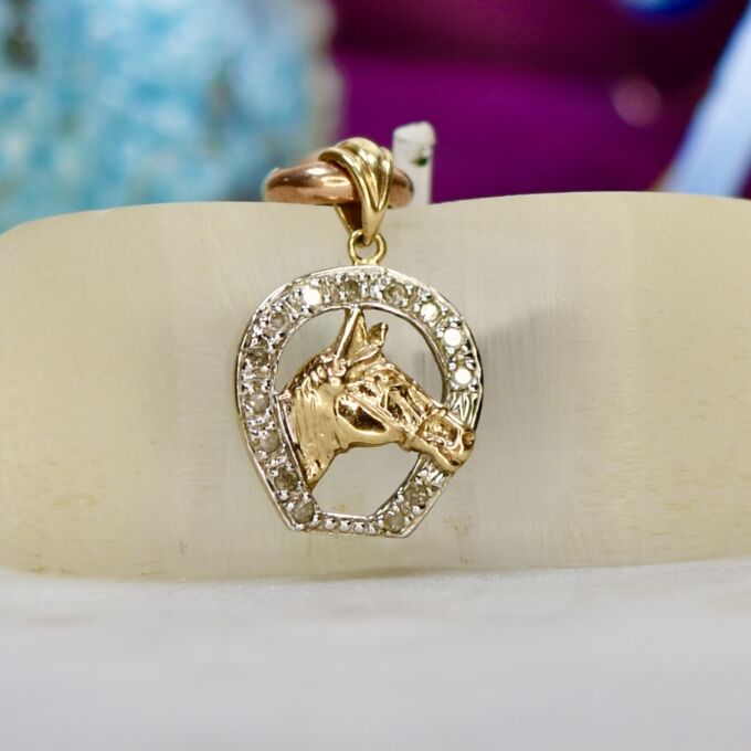 Horse Head in Diamond Horseshoe Pendant in 9ct Gold