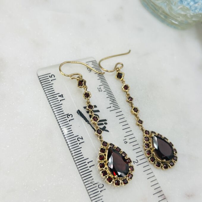 Ornate Garnet Pear Drop Earrings in 9ct Gold