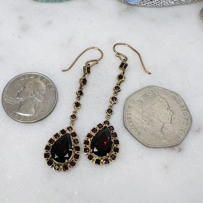 Ornate Garnet Pear Drop Earrings in 9ct Gold