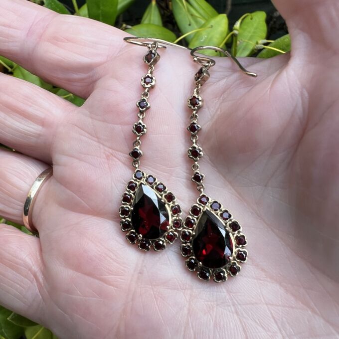 Ornate Garnet Pear Drop Earrings in 9ct Gold