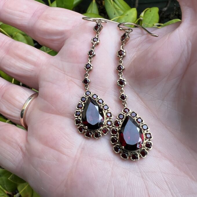 Ornate Garnet Pear Drop Earrings in 9ct Gold